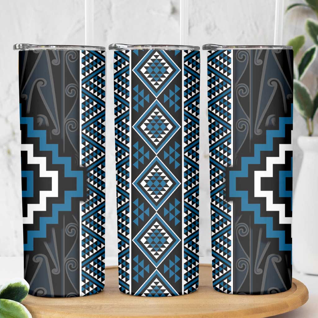 Azure Tukutuku Pattern Aotearoa Skinny Tumbler Niho Taniwha and Puhoro Motifs