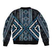 Azure Tukutuku Pattern Aotearoa Sleeve Zip Bomber Jacket Niho Taniwha and Puhoro Motifs