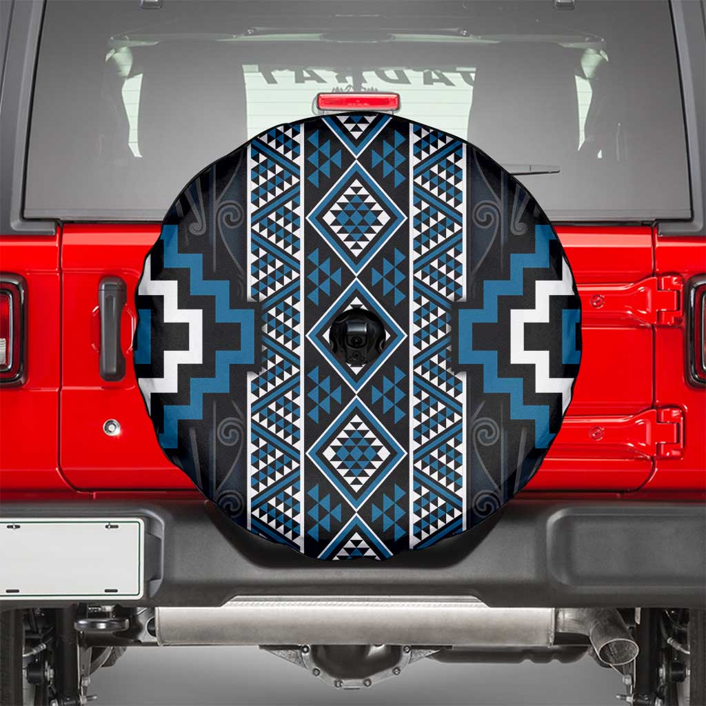 Azure Tukutuku Pattern Aotearoa Spare Tire Cover Niho Taniwha and Puhoro Motifs
