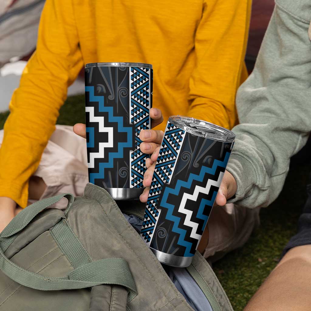 Azure Tukutuku Pattern Aotearoa Tumbler Cup Niho Taniwha and Puhoro Motifs