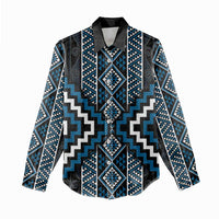 Azure Tukutuku Pattern Aotearoa Women Casual Shirt Niho Taniwha and Puhoro Motifs