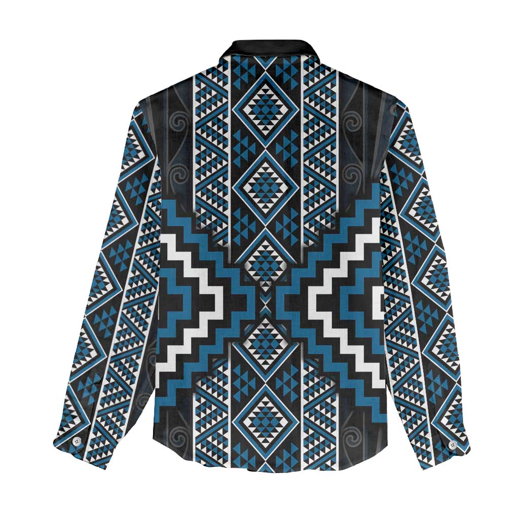 Azure Tukutuku Pattern Aotearoa Women Casual Shirt Niho Taniwha and Puhoro Motifs