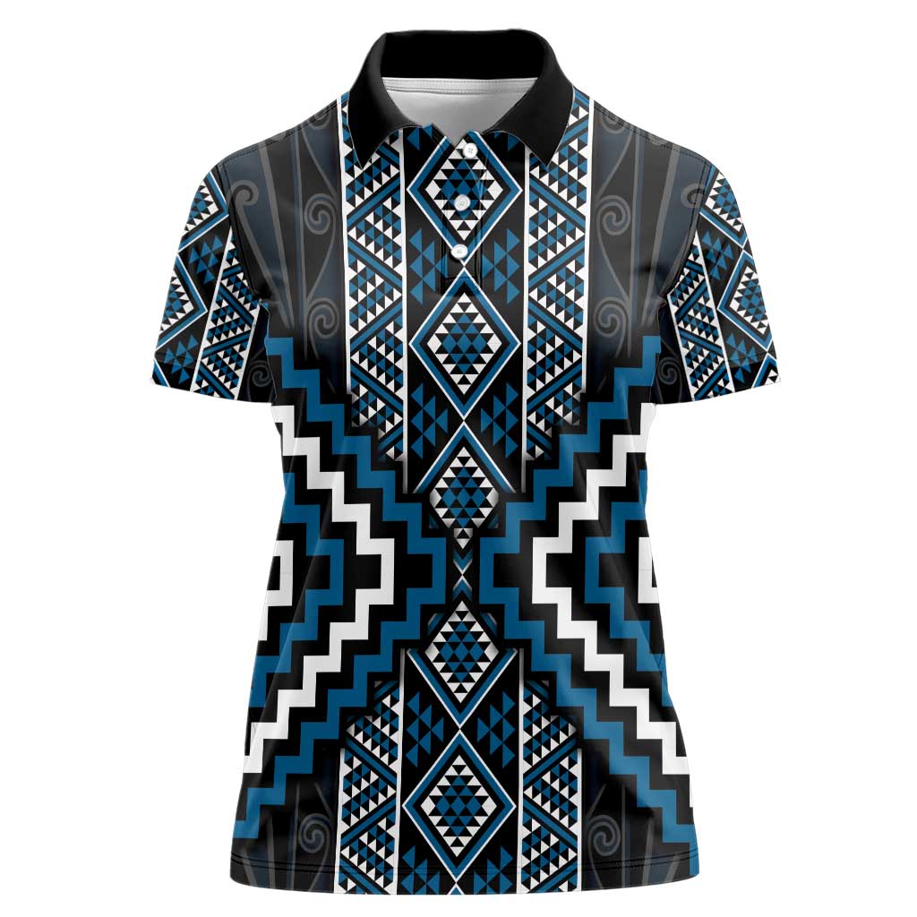 Azure Tukutuku Pattern Aotearoa Women Polo Shirt Niho Taniwha and Puhoro Motifs LT7 Female Blue - Polynesian Pride