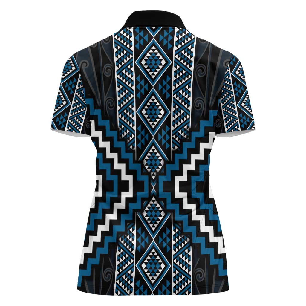 Azure Tukutuku Pattern Aotearoa Women Polo Shirt Niho Taniwha and Puhoro Motifs LT7 - Polynesian Pride