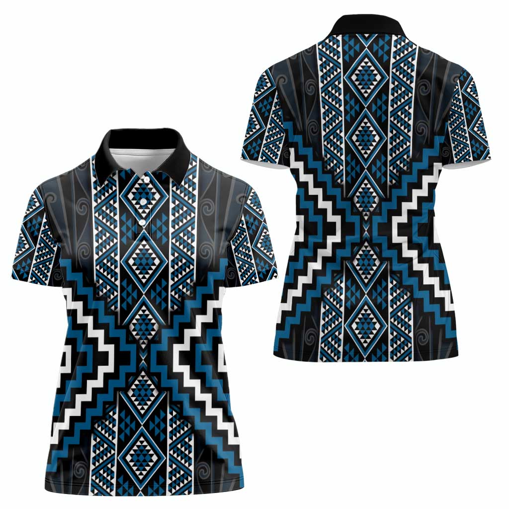 Azure Tukutuku Pattern Aotearoa Women Polo Shirt Niho Taniwha and Puhoro Motifs LT7 - Polynesian Pride
