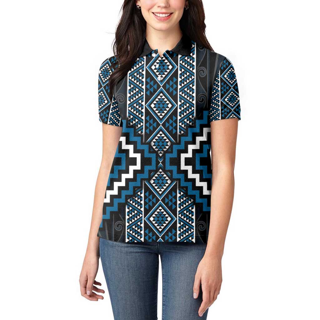 Azure Tukutuku Pattern Aotearoa Women Polo Shirt Niho Taniwha and Puhoro Motifs LT7 - Polynesian Pride