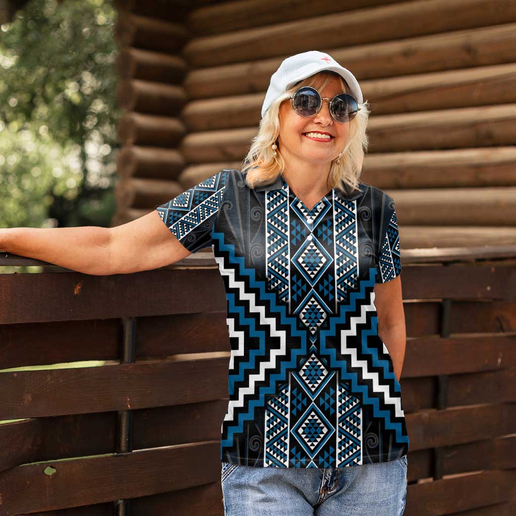 Azure Tukutuku Pattern Aotearoa Women Polo Shirt Niho Taniwha and Puhoro Motifs LT7 - Polynesian Pride