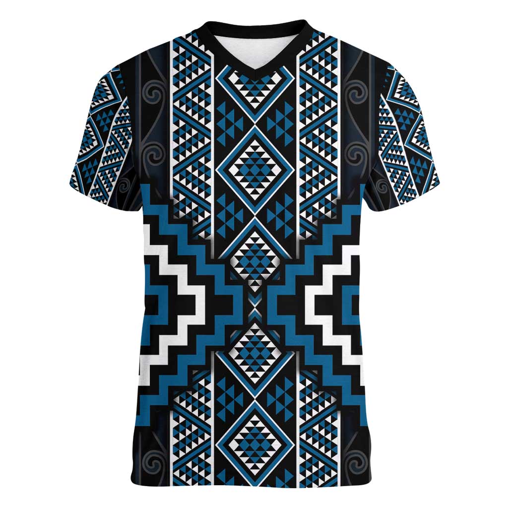Azure Tukutuku Pattern Aotearoa Women V-Neck T-Shirt Niho Taniwha and Puhoro Motifs LT7 Female Blue - Polynesian Pride