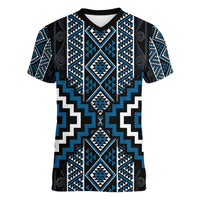 Azure Tukutuku Pattern Aotearoa Women V-Neck T-Shirt Niho Taniwha and Puhoro Motifs LT7 Female Blue - Polynesian Pride