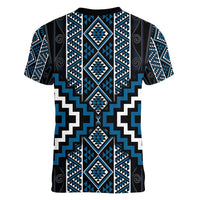 Azure Tukutuku Pattern Aotearoa Women V-Neck T-Shirt Niho Taniwha and Puhoro Motifs LT7 - Polynesian Pride