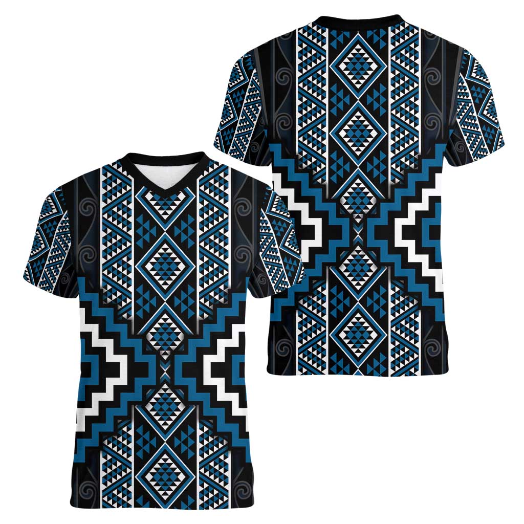 Azure Tukutuku Pattern Aotearoa Women V-Neck T-Shirt Niho Taniwha and Puhoro Motifs LT7 - Polynesian Pride