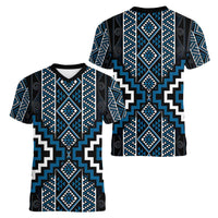 Azure Tukutuku Pattern Aotearoa Women V-Neck T-Shirt Niho Taniwha and Puhoro Motifs LT7 - Polynesian Pride