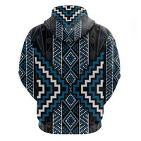 Azure Tukutuku Pattern Aotearoa Zip Hoodie Niho Taniwha and Puhoro Motifs