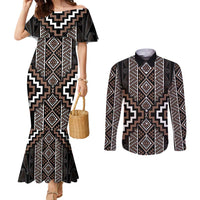Classic Tukutuku Pattern Aotearoa Couples Matching Mermaid Dress and Long Sleeve Button Shirt Niho Taniwha and Puhoro Motifs