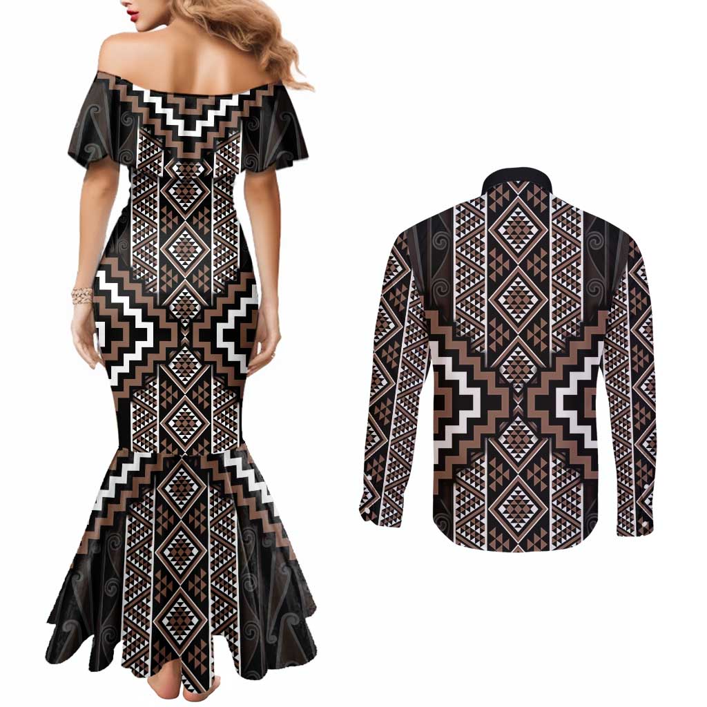 Classic Tukutuku Pattern Aotearoa Couples Matching Mermaid Dress and Long Sleeve Button Shirt Niho Taniwha and Puhoro Motifs