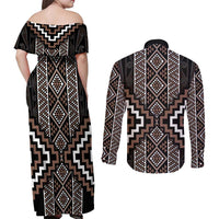 Classic Tukutuku Pattern Aotearoa Couples Matching Off Shoulder Maxi Dress and Long Sleeve Button Shirt Niho Taniwha and Puhoro Motifs