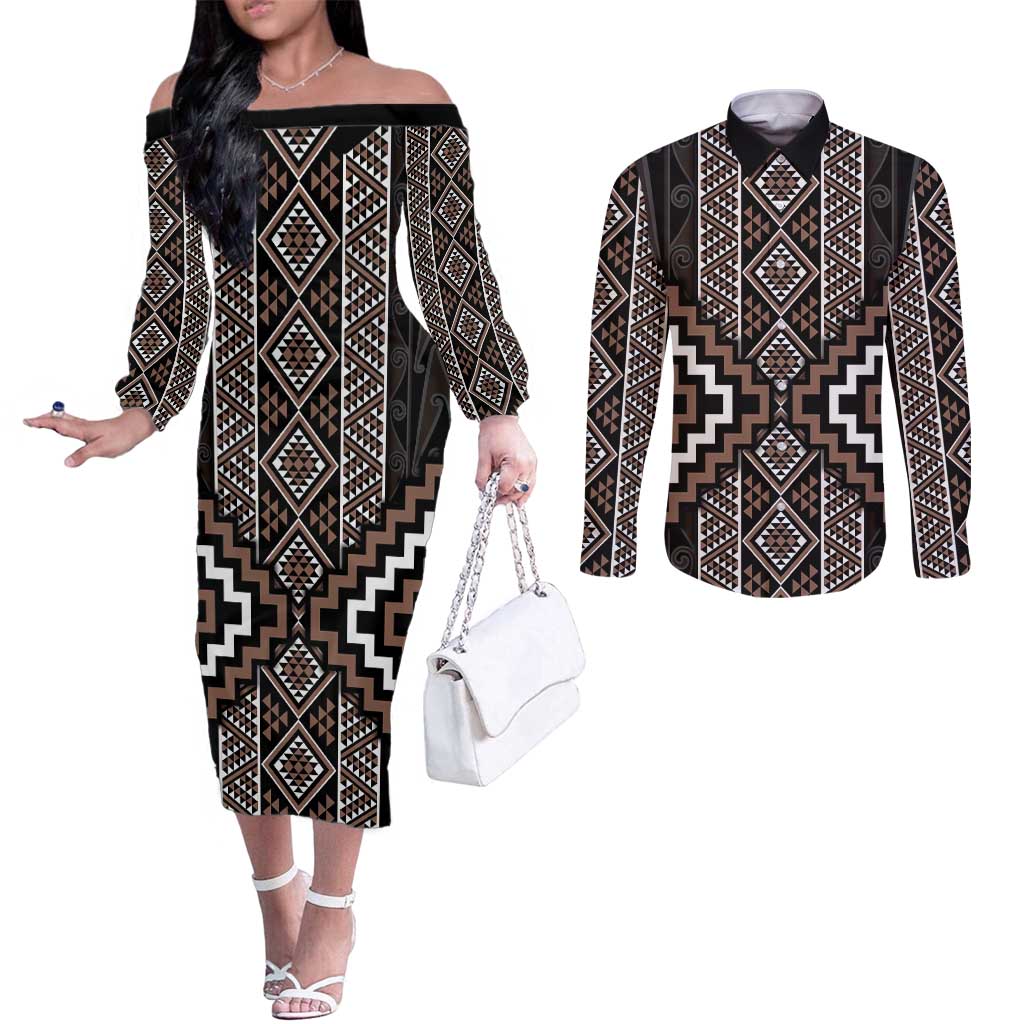 Classic Tukutuku Pattern Aotearoa Couples Matching Off The Shoulder Long Sleeve Dress and Long Sleeve Button Shirt Niho Taniwha and Puhoro Motifs