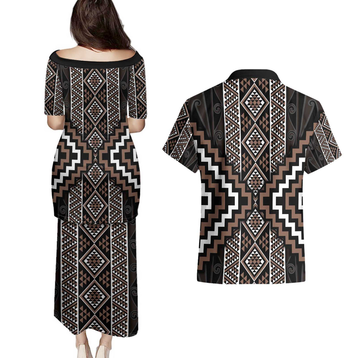 Classic Tukutuku Pattern Aotearoa Couples Matching Puletasi and Hawaiian Shirt Niho Taniwha and Puhoro Motifs