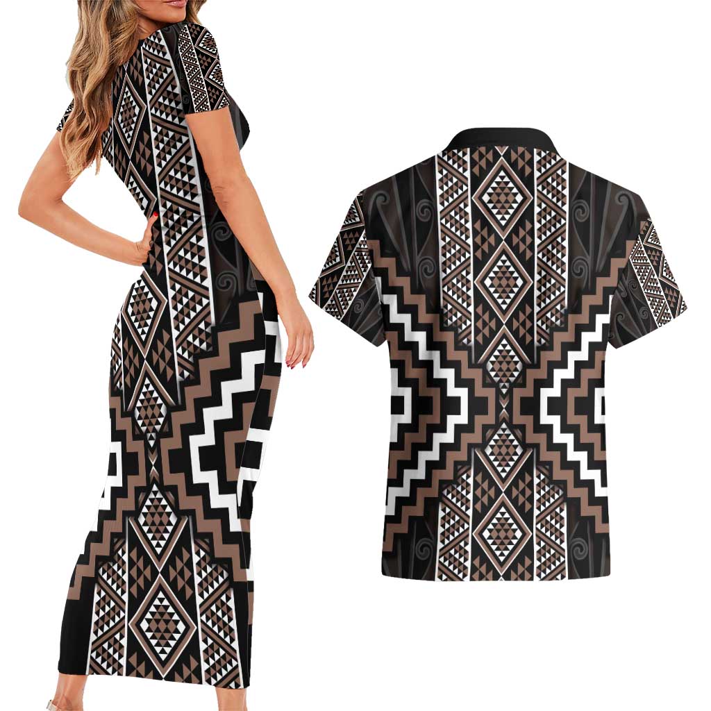 Classic Tukutuku Pattern Aotearoa Couples Matching Short Sleeve Bodycon Dress and Hawaiian Shirt Niho Taniwha and Puhoro Motifs