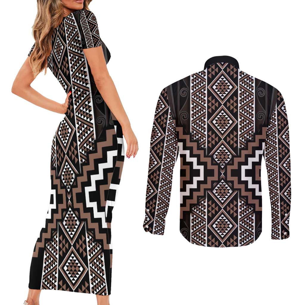 Classic Tukutuku Pattern Aotearoa Couples Matching Short Sleeve Bodycon Dress and Long Sleeve Button Shirt Niho Taniwha and Puhoro Motifs