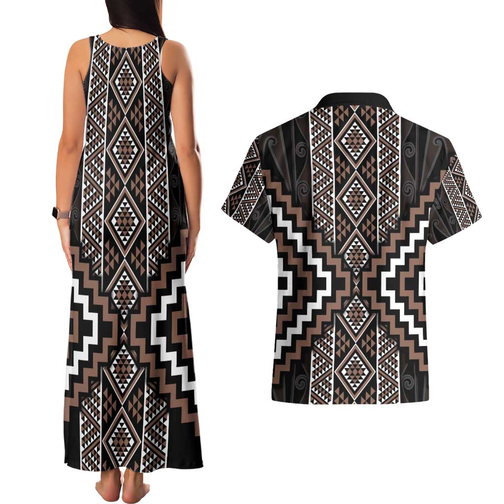 Classic Tukutuku Pattern Aotearoa Couples Matching Tank Maxi Dress and Hawaiian Shirt Niho Taniwha and Puhoro Motifs