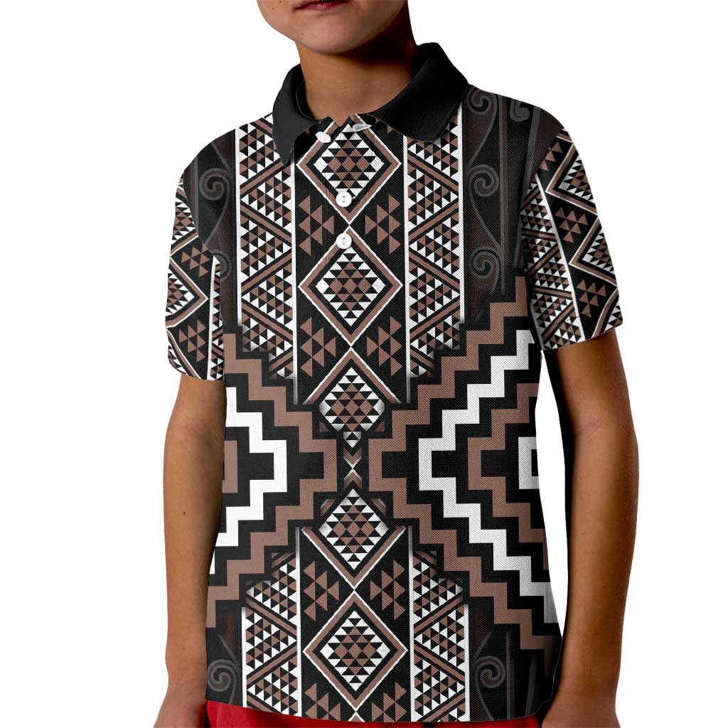Classic Tukutuku Pattern Aotearoa Kid Polo Shirt Niho Taniwha and Puhoro Motifs LT7 Kid Brown - Polynesian Pride