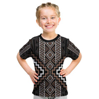 Classic Tukutuku Pattern Aotearoa Kid T Shirt Niho Taniwha and Puhoro Motifs LT7 Brown - Polynesian Pride