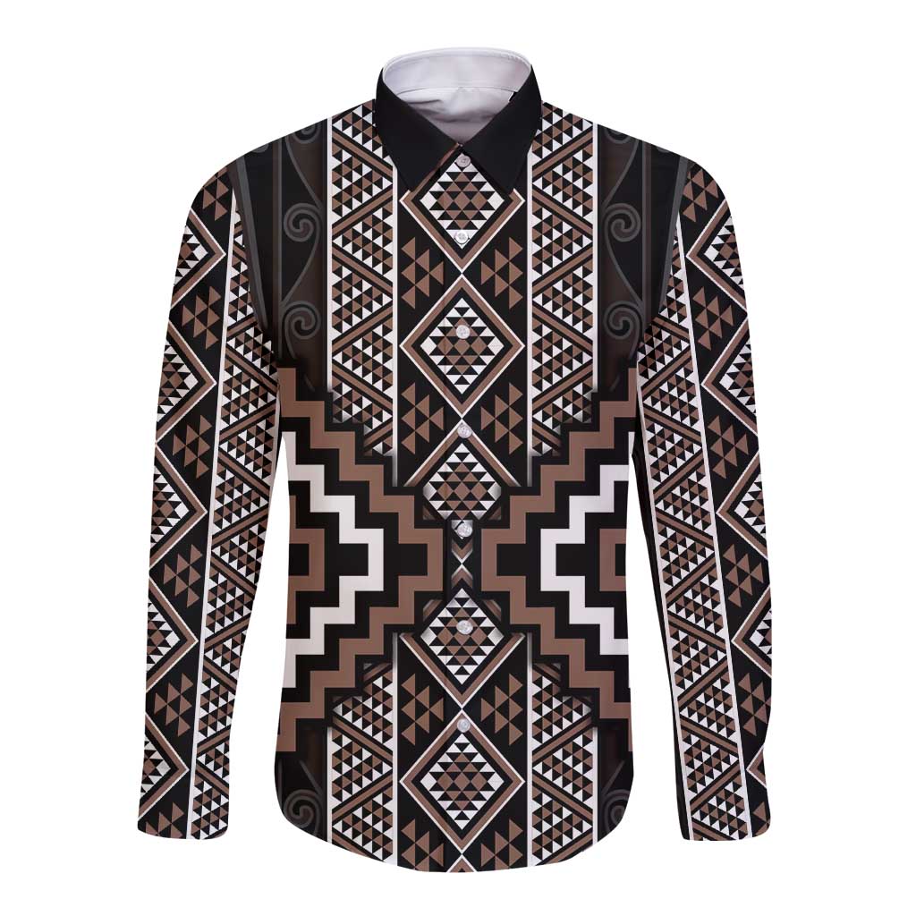 Classic Tukutuku Pattern Aotearoa Long Sleeve Button Shirt Niho Taniwha and Puhoro Motifs LT7 Unisex Brown - Polynesian Pride