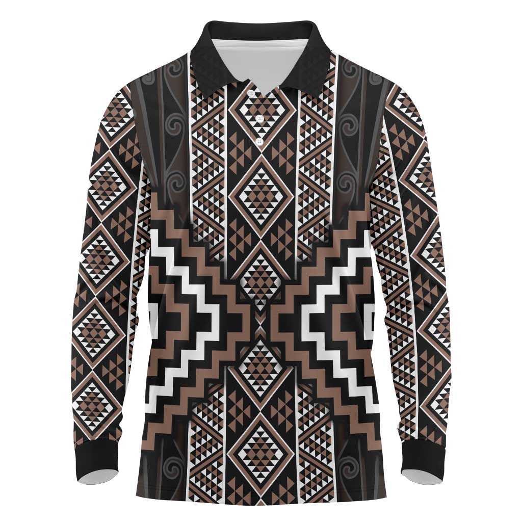 Classic Tukutuku Pattern Aotearoa Long Sleeve Polo Shirt Niho Taniwha and Puhoro Motifs LT7 Brown - Polynesian Pride