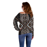 Classic Tukutuku Pattern Aotearoa Off Shoulder Sweater Niho Taniwha and Puhoro Motifs