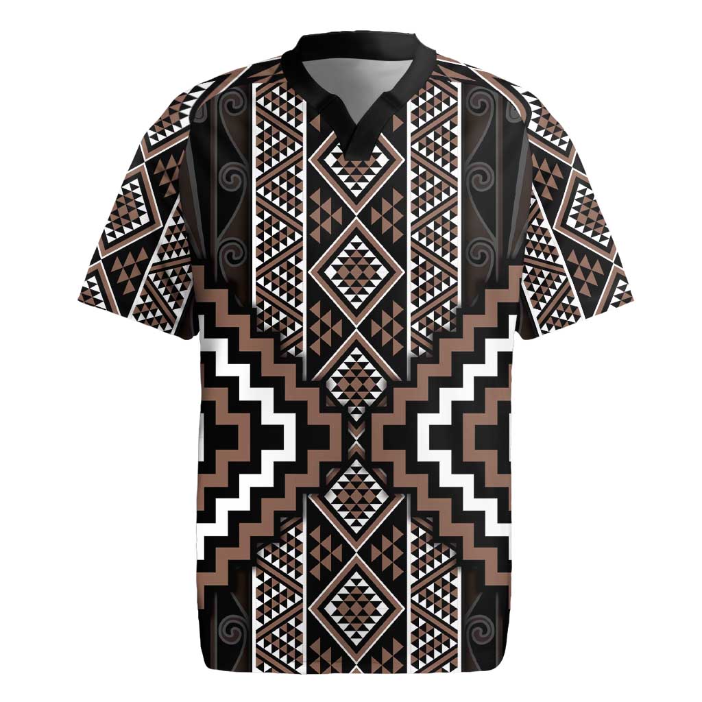 Classic Tukutuku Pattern Aotearoa Rugby Jersey Niho Taniwha and Puhoro Motifs