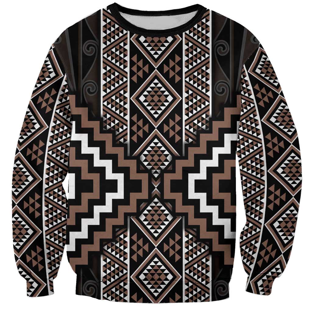 Classic Tukutuku Pattern Aotearoa Sweatshirt Niho Taniwha and Puhoro Motifs LT7 Unisex Brown - Polynesian Pride