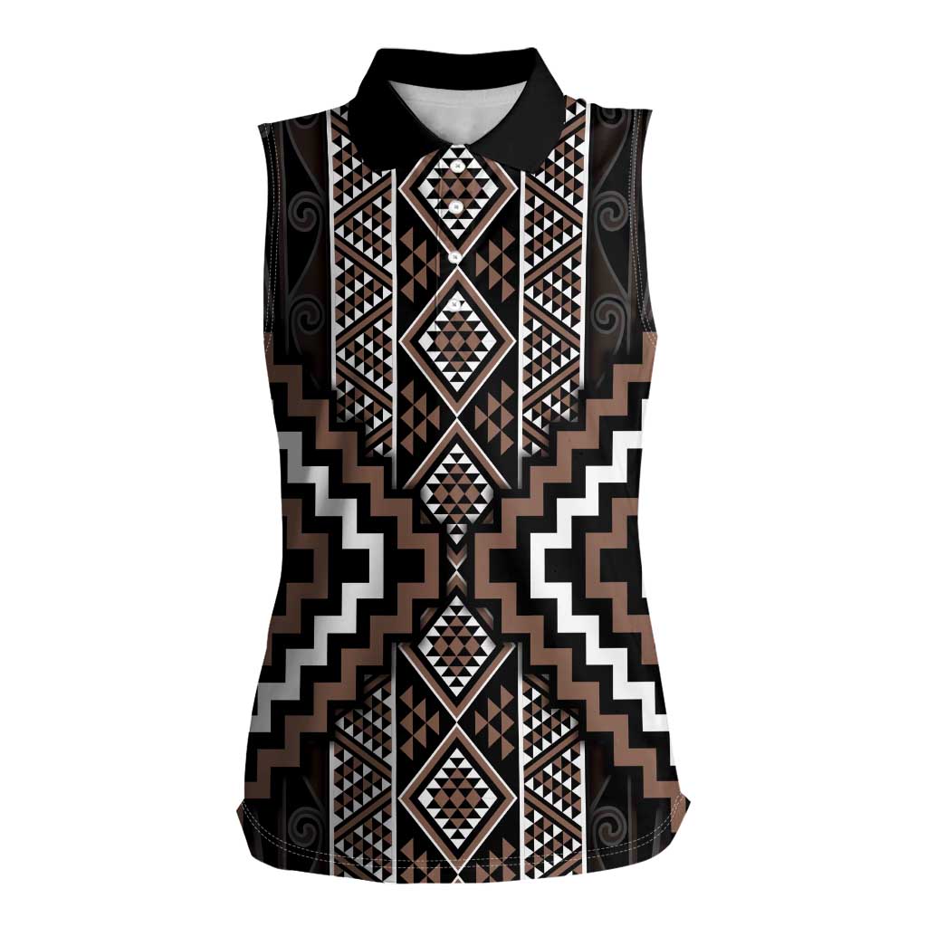 Classic Tukutuku Pattern Aotearoa Women Sleeveless Polo Shirt Niho Taniwha and Puhoro Motifs LT7 Female Brown - Polynesian Pride
