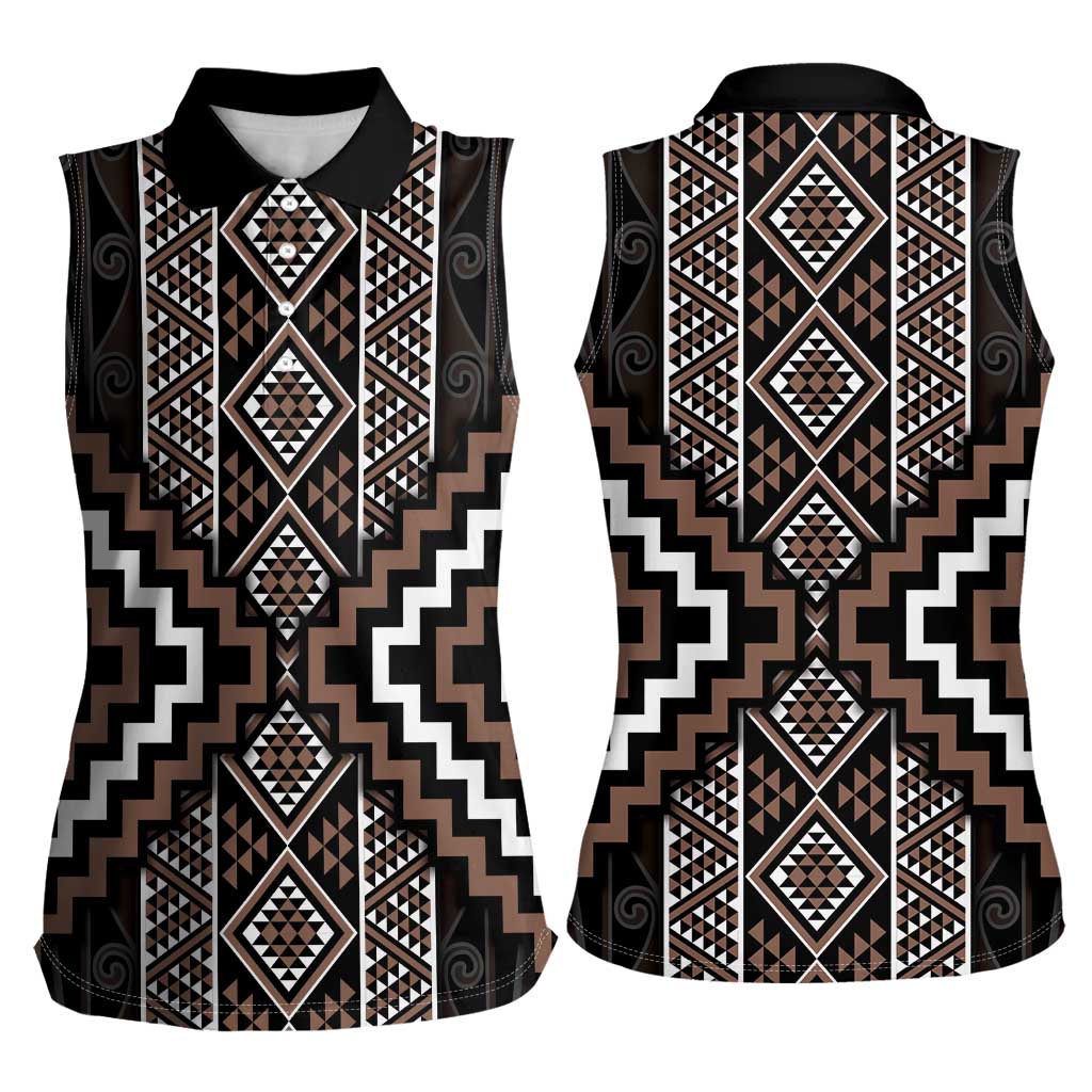Classic Tukutuku Pattern Aotearoa Women Sleeveless Polo Shirt Niho Taniwha and Puhoro Motifs LT7 - Polynesian Pride