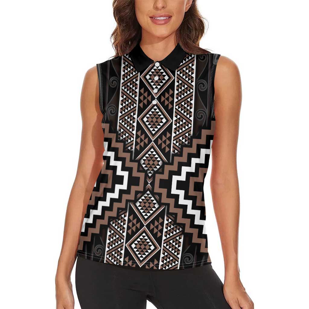 Classic Tukutuku Pattern Aotearoa Women Sleeveless Polo Shirt Niho Taniwha and Puhoro Motifs LT7 - Polynesian Pride