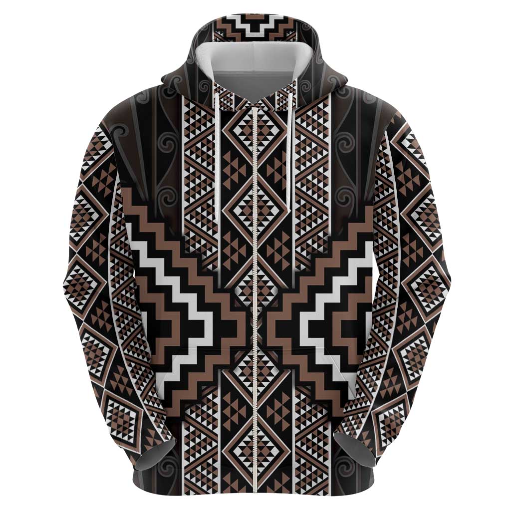 Classic Tukutuku Pattern Aotearoa Zip Hoodie Niho Taniwha and Puhoro Motifs