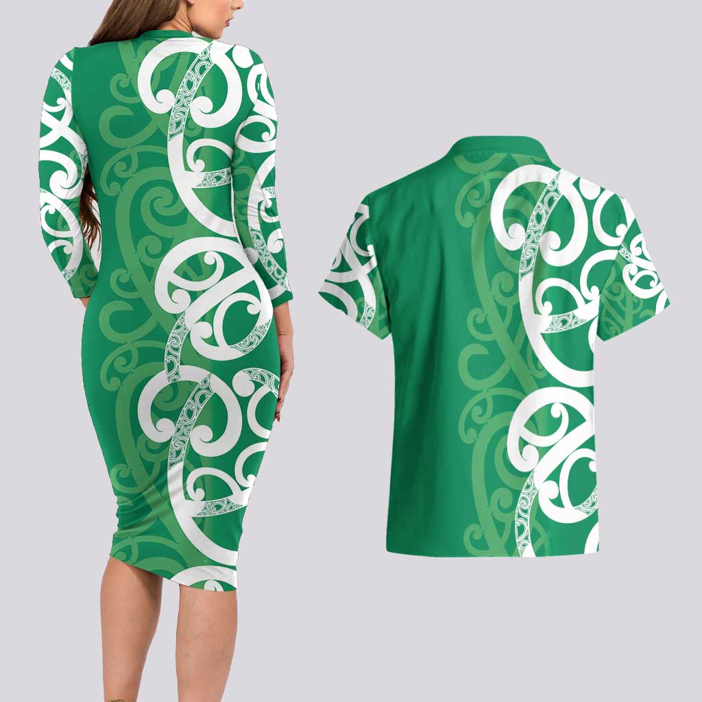 Pounamu Green Maori Couples Matching Long Sleeve Bodycon Dress and Hawaiian Shirt Koru Kowhaiwhai - Polynesian Pride
