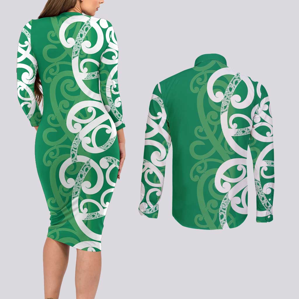 Pounamu Green Maori Couples Matching Long Sleeve Bodycon Dress and Long Sleeve Button Shirt Koru Kowhaiwhai - Polynesian Pride