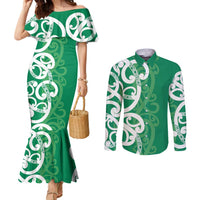Pounamu Green Maori Couples Matching Mermaid Dress and Long Sleeve Button Shirt Koru Kowhaiwhai - Polynesian Pride
