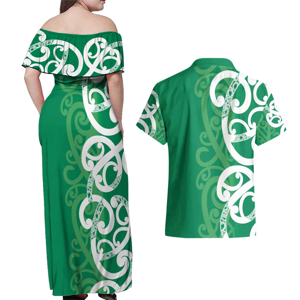 Pounamu Green Maori Couples Matching Off Shoulder Maxi Dress and Hawaiian Shirt Koru Kowhaiwhai - Polynesian Pride
