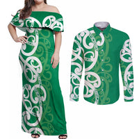 Pounamu Green Maori Couples Matching Off Shoulder Maxi Dress and Long Sleeve Button Shirt Koru Kowhaiwhai - Polynesian Pride