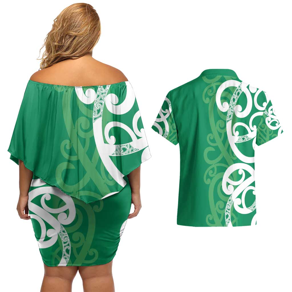 Pounamu Green Maori Couples Matching Off Shoulder Short Dress and Hawaiian Shirt Koru Kowhaiwhai - Polynesian Pride
