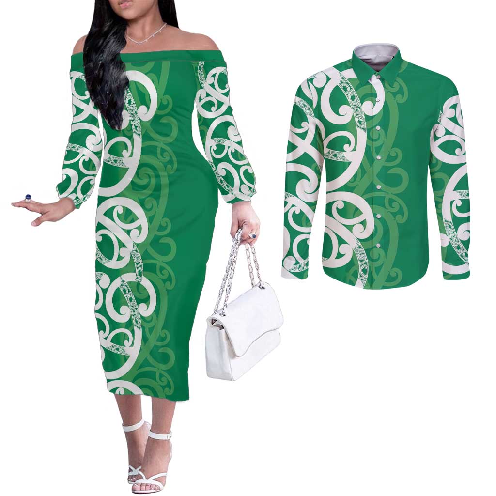 Pounamu Green Maori Couples Matching Off The Shoulder Long Sleeve Dress and Long Sleeve Button Shirt Koru Kowhaiwhai - Polynesian Pride