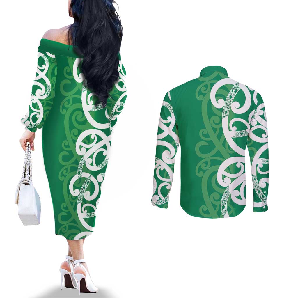 Pounamu Green Maori Couples Matching Off The Shoulder Long Sleeve Dress and Long Sleeve Button Shirt Koru Kowhaiwhai - Polynesian Pride