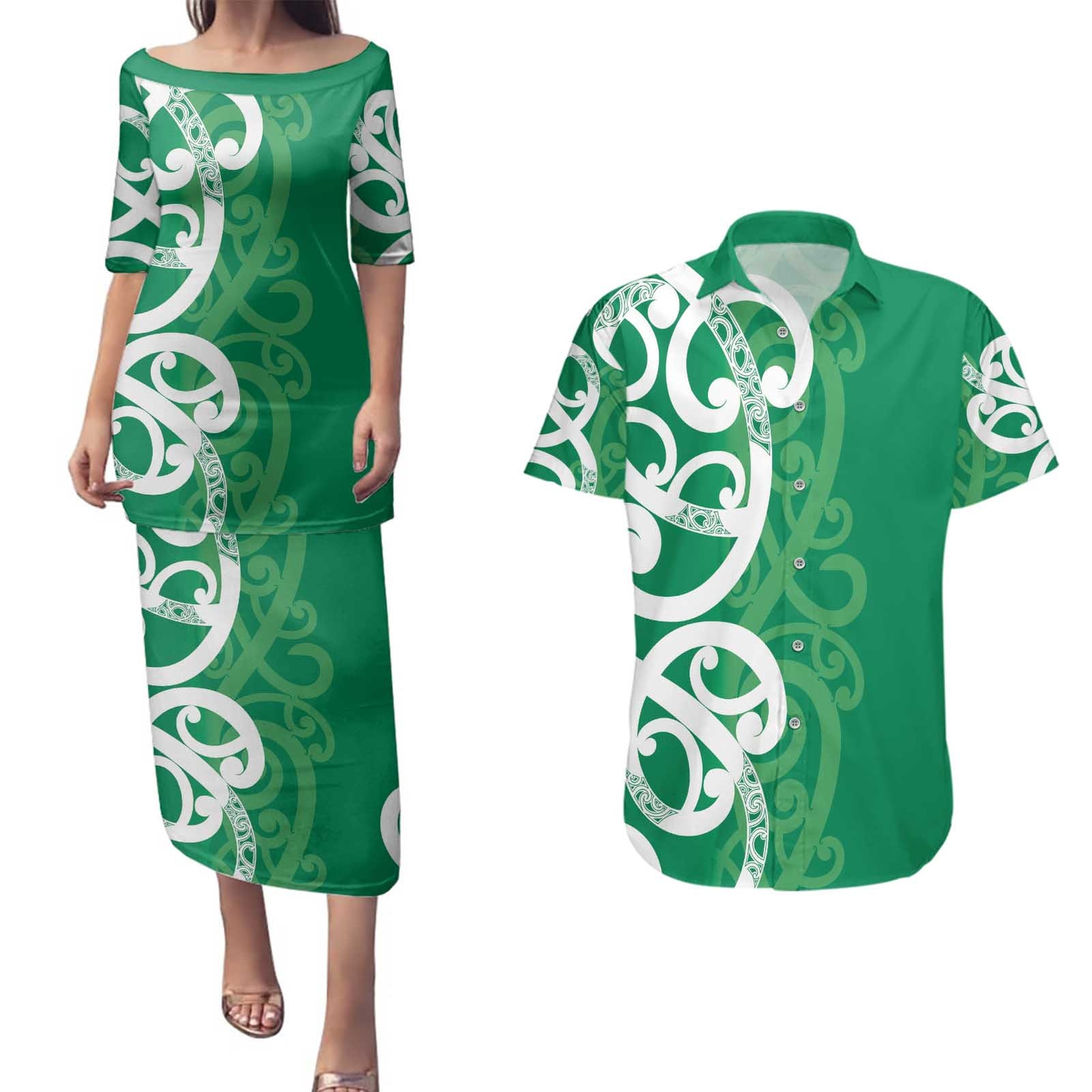 Pounamu Green Maori Couples Matching Puletasi and Hawaiian Shirt Koru Kowhaiwhai - Polynesian Pride