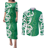 Pounamu Green Maori Couples Matching Puletasi and Long Sleeve Button Shirt Koru Kowhaiwhai LT7 Green - Polynesian Pride