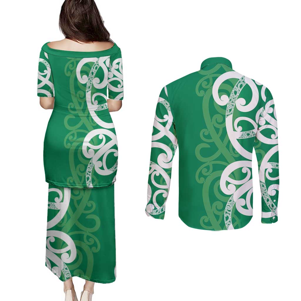 Pounamu Green Maori Couples Matching Puletasi and Long Sleeve Button Shirt Koru Kowhaiwhai LT7 - Polynesian Pride