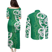 Pounamu Green Maori Couples Matching Puletasi and Long Sleeve Button Shirt Koru Kowhaiwhai LT7 - Polynesian Pride