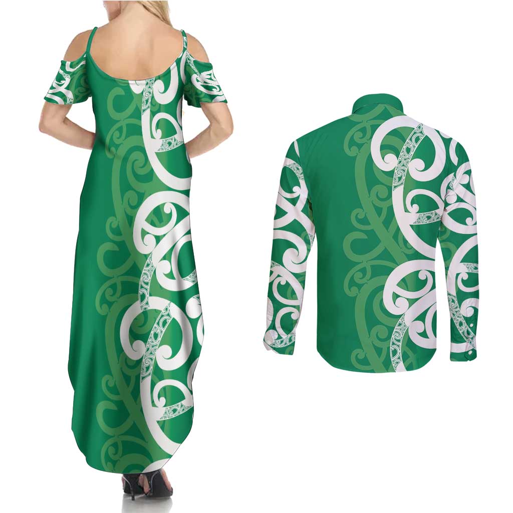 Pounamu Green Maori Couples Matching Summer Maxi Dress and Long Sleeve Button Shirt Koru Kowhaiwhai - Polynesian Pride