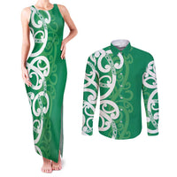 Pounamu Green Maori Couples Matching Tank Maxi Dress and Long Sleeve Button Shirt Koru Kowhaiwhai - Polynesian Pride